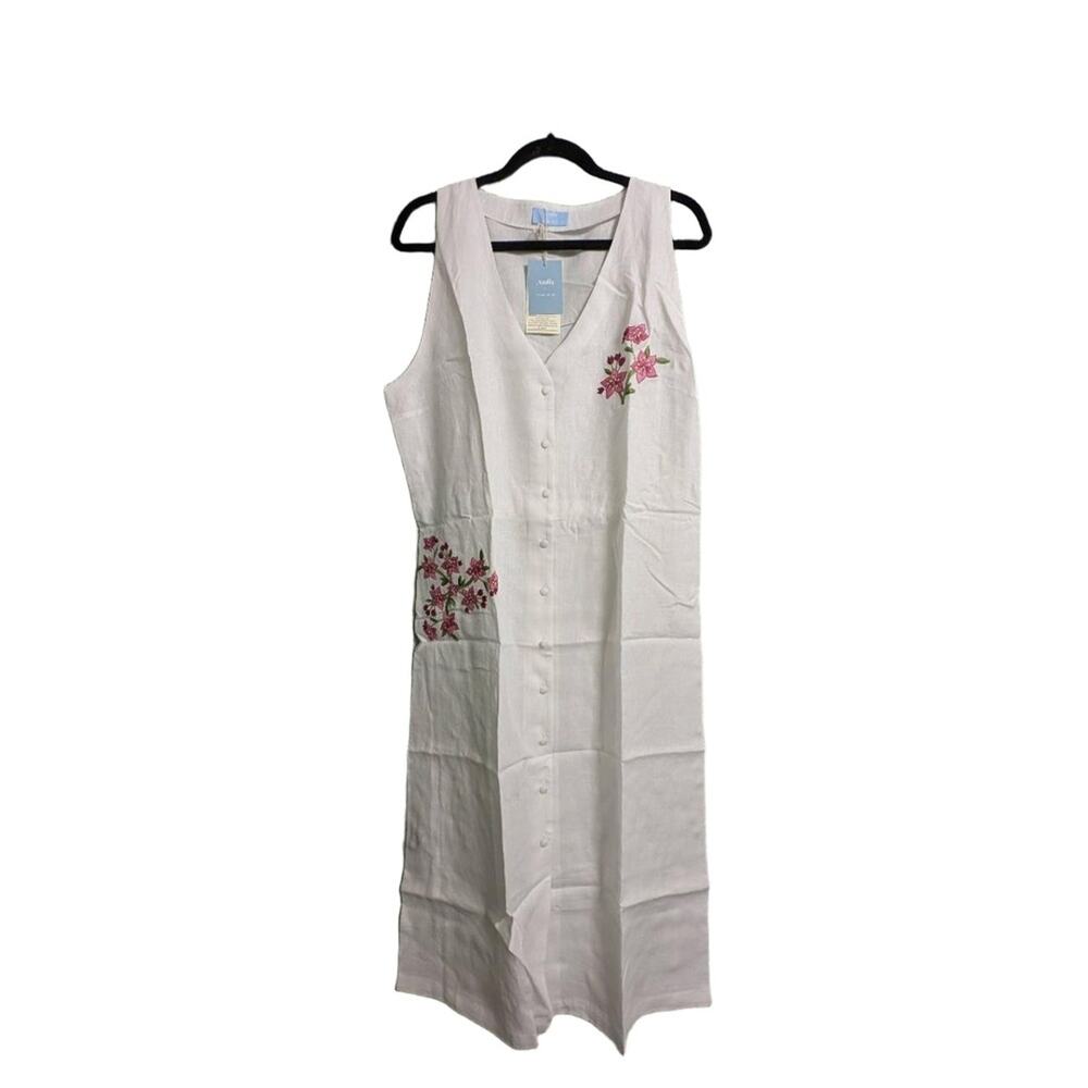 NWT Andie x Fanm Mon Anamur Linen Midi Dress White Floral Embroidery V-Neck Butt